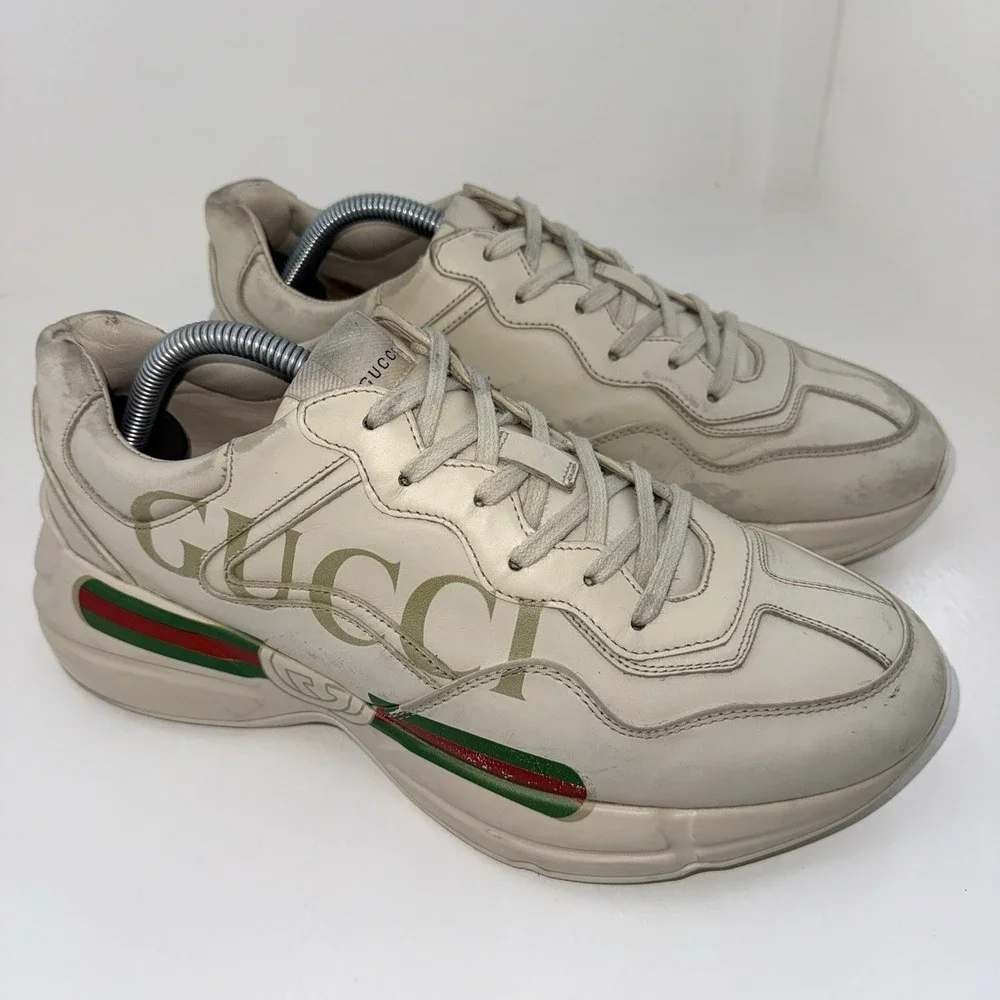 Gucci Rhyton Web Print Leather Sneakers Mens 9.5G US10 EU43.5 Ivory 523535 Italy